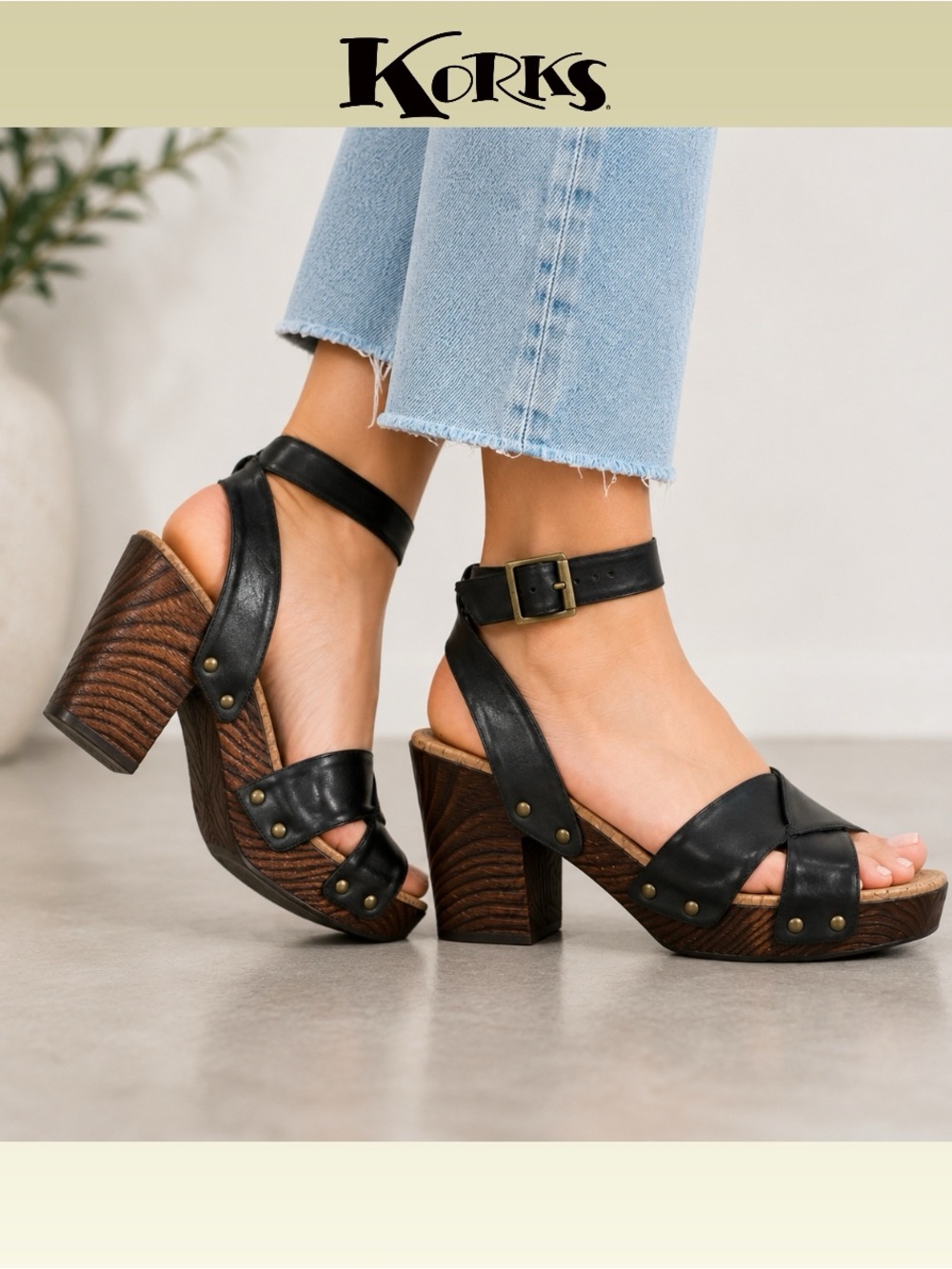 Korks Mia Black Leather Platform Sandals, Ankle Strap Block Heel, Size 6M
